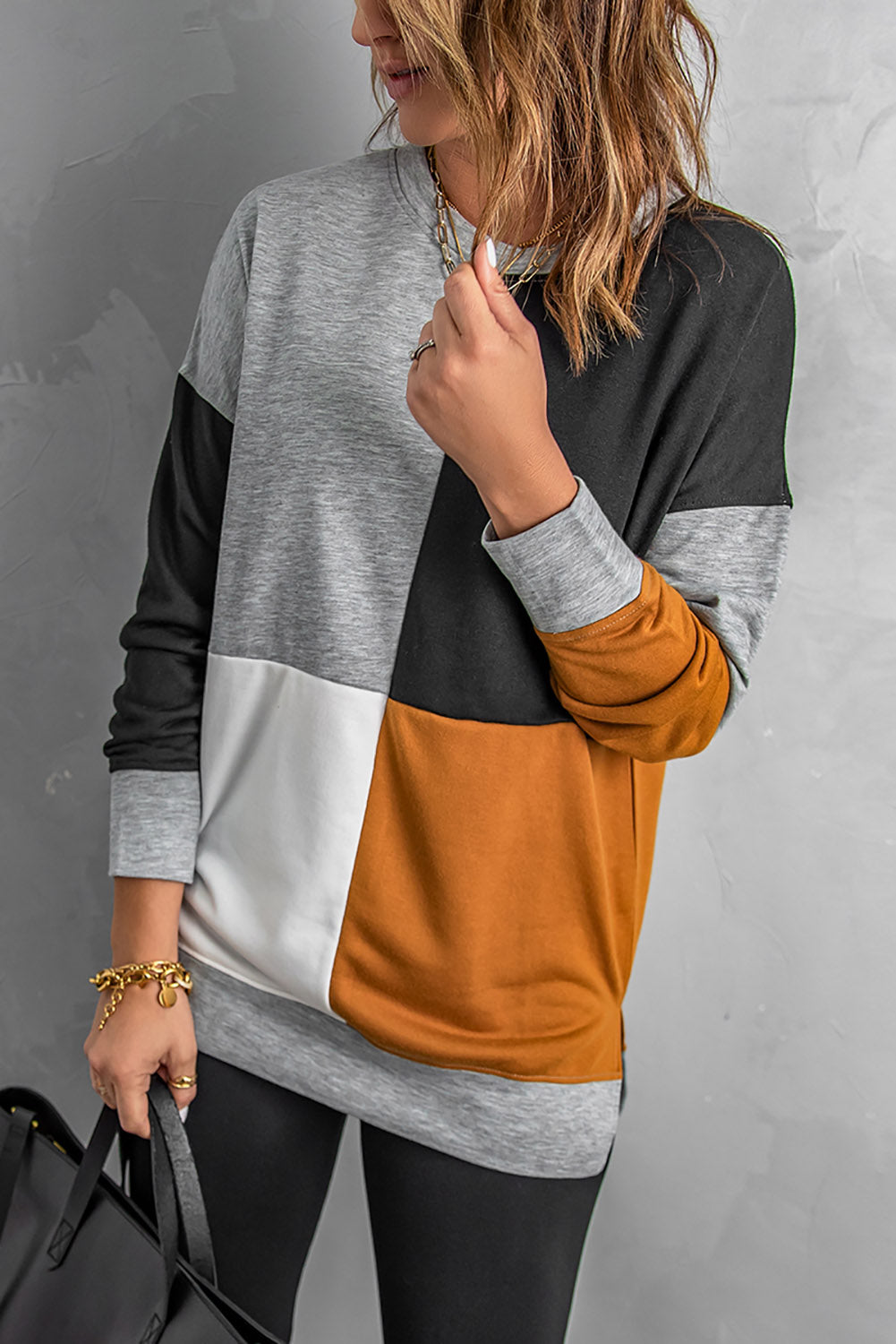 Color Block Round Neck Long Sleeves Pullover Sweatshirt Sweatshirts & Hoodies JT's Designer Fashion