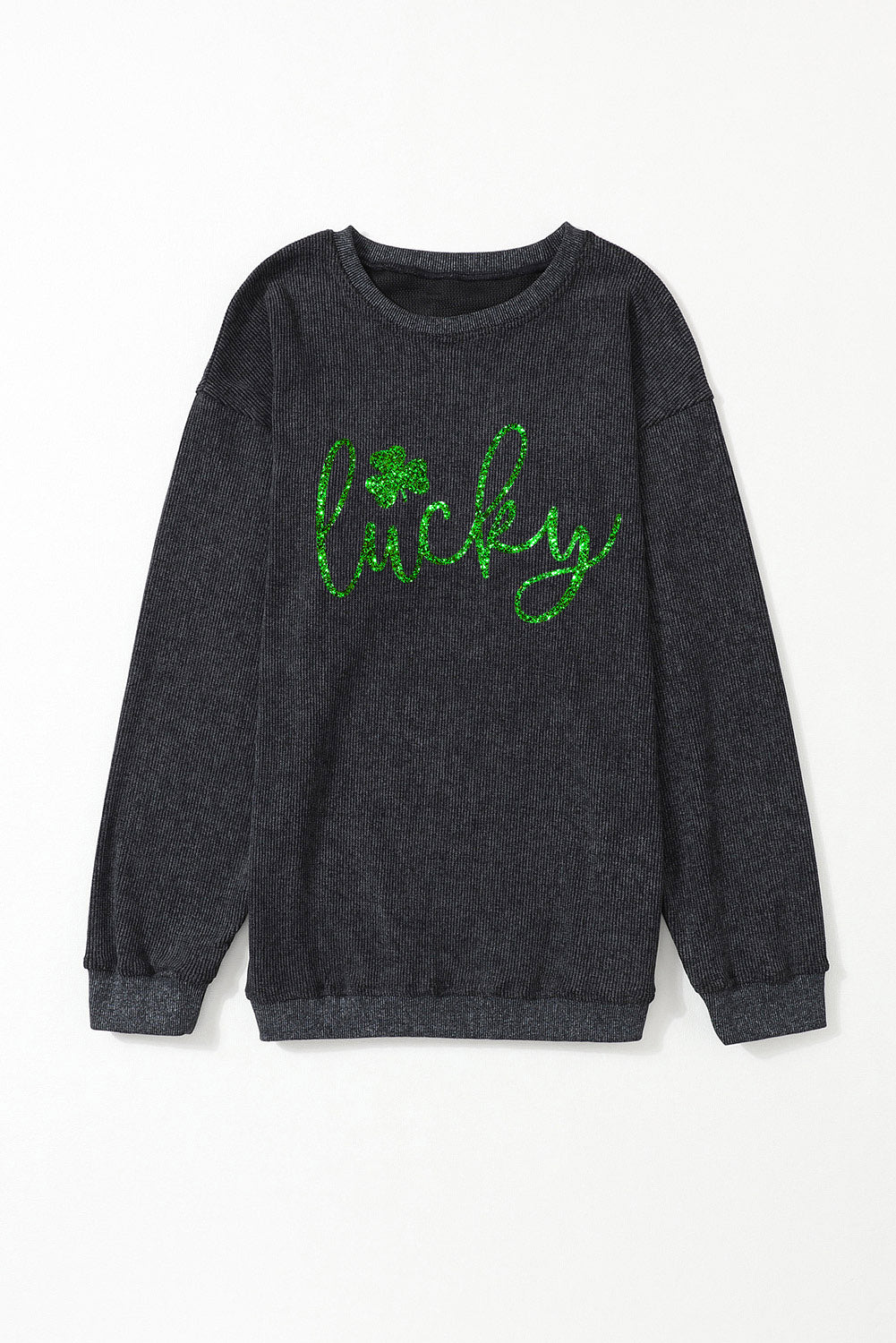 Black Shiny Lucky Clover Corded Drop Shoulder Sweatshirt Graphic Sweatshirts JT's Designer Fashion