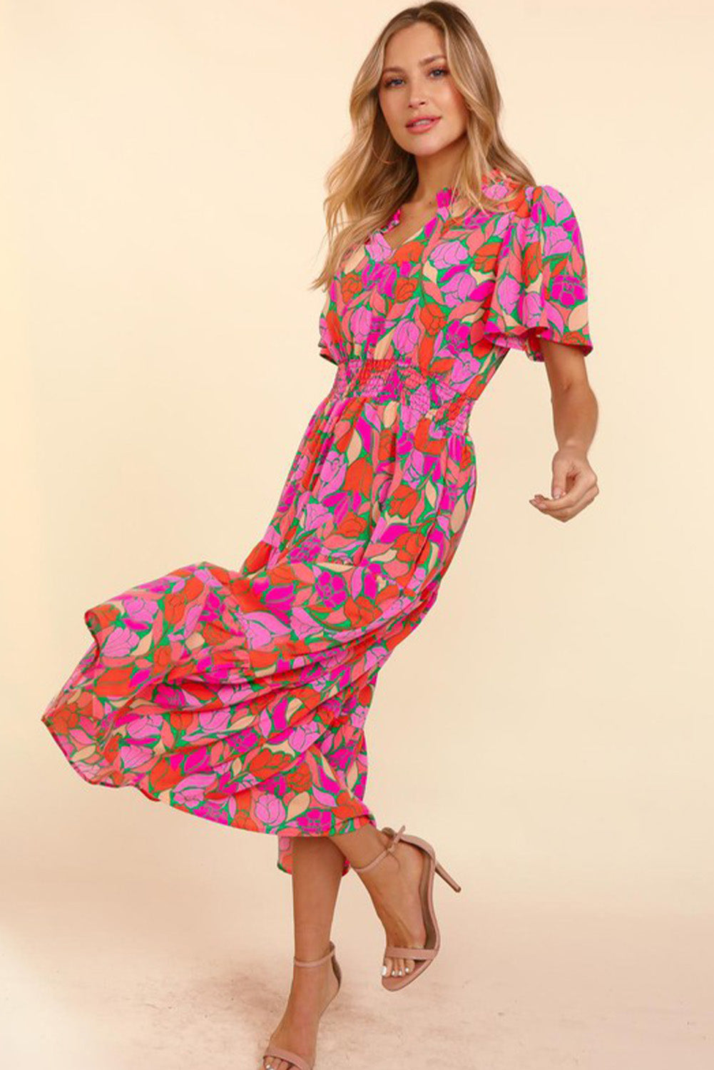 Rose Floral Short Sleeve Smocked Waist Maxi dress Dresses JT's Designer Fashion