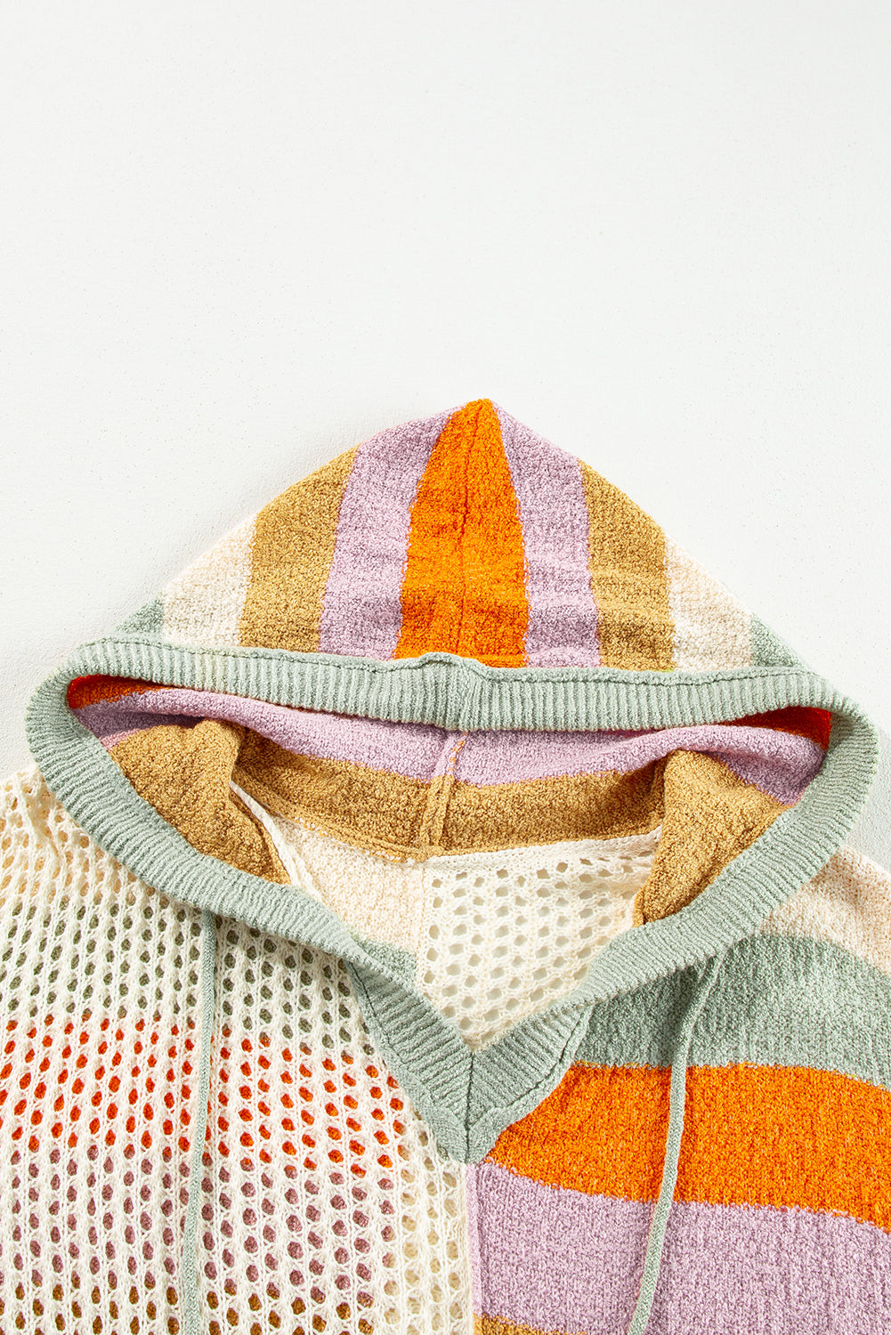 Beige Pointelle Knit Colorblock Patchwork V Neck Hooded Plus Sweater Plus Size Sweaters & Cardigans JT's Designer Fashion