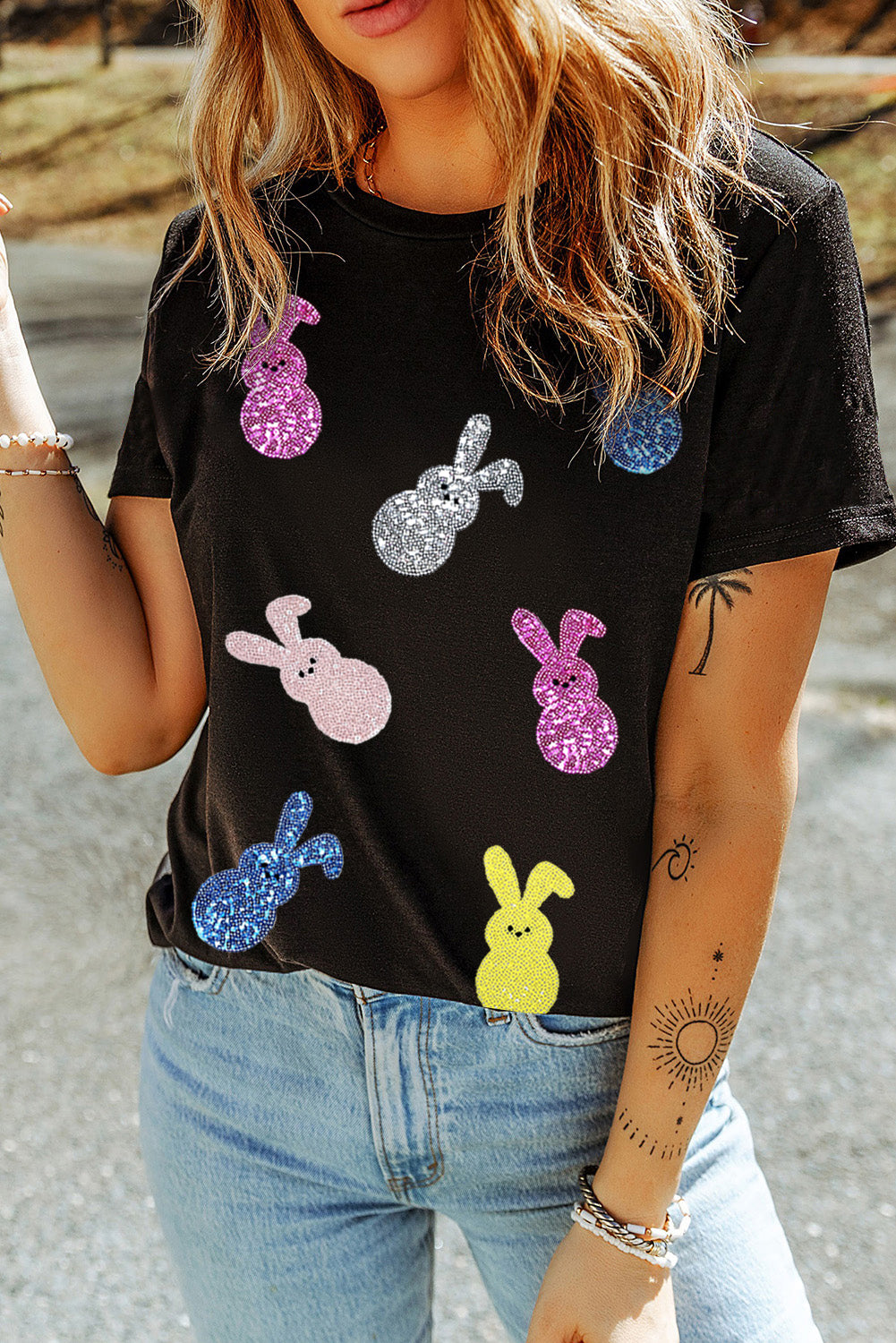 Black Sequin Bunny Doll Graphic Easter Day T Shirt Graphic Tees JT's Designer Fashion