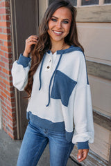 White Corded Colorblock Patch Pocket Drawstring Hooded Top Long Sleeve Tops JT's Designer Fashion
