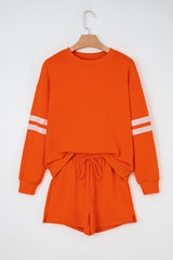 Orange Varsity Striped Sleeve Drop Shoulder Sweatshirt and Short Set Short Sets JT's Designer Fashion