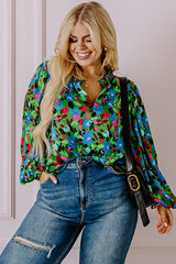 Green Plus Size Floral Bubble Sleeve V Neck Blouse Plus Size Blouses & Shirts JT's Designer Fashion