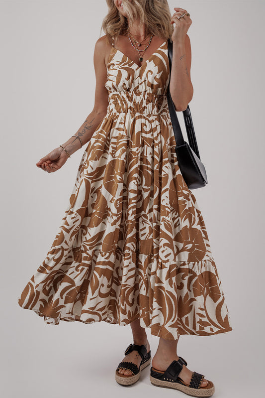 Khaki Floral Shirred High Waist Spaghetti Straps Maxi Dress Khaki 65%Viscose+35%Polyamide Floral Dresses JT's Designer Fashion