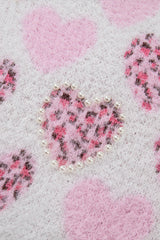 Pink Heart Leopard Print Pearled Ribbed Trim Fuzzy Sweater Sweaters JT's Designer Fashion