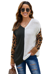Leopard Print Contrast Color V Neck Sweater Sweaters & Cardigans JT's Designer Fashion