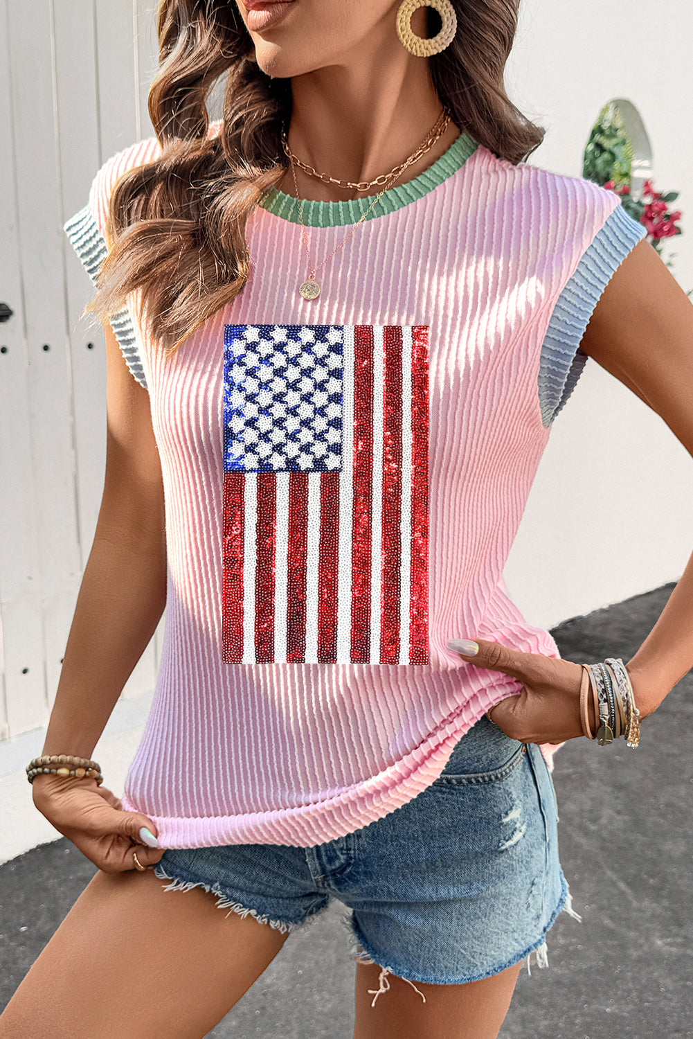 Pink Colorblock Edge Twisted Rib Texture Sequin American Flag Casual T Shirt Graphic Tees JT's Designer Fashion