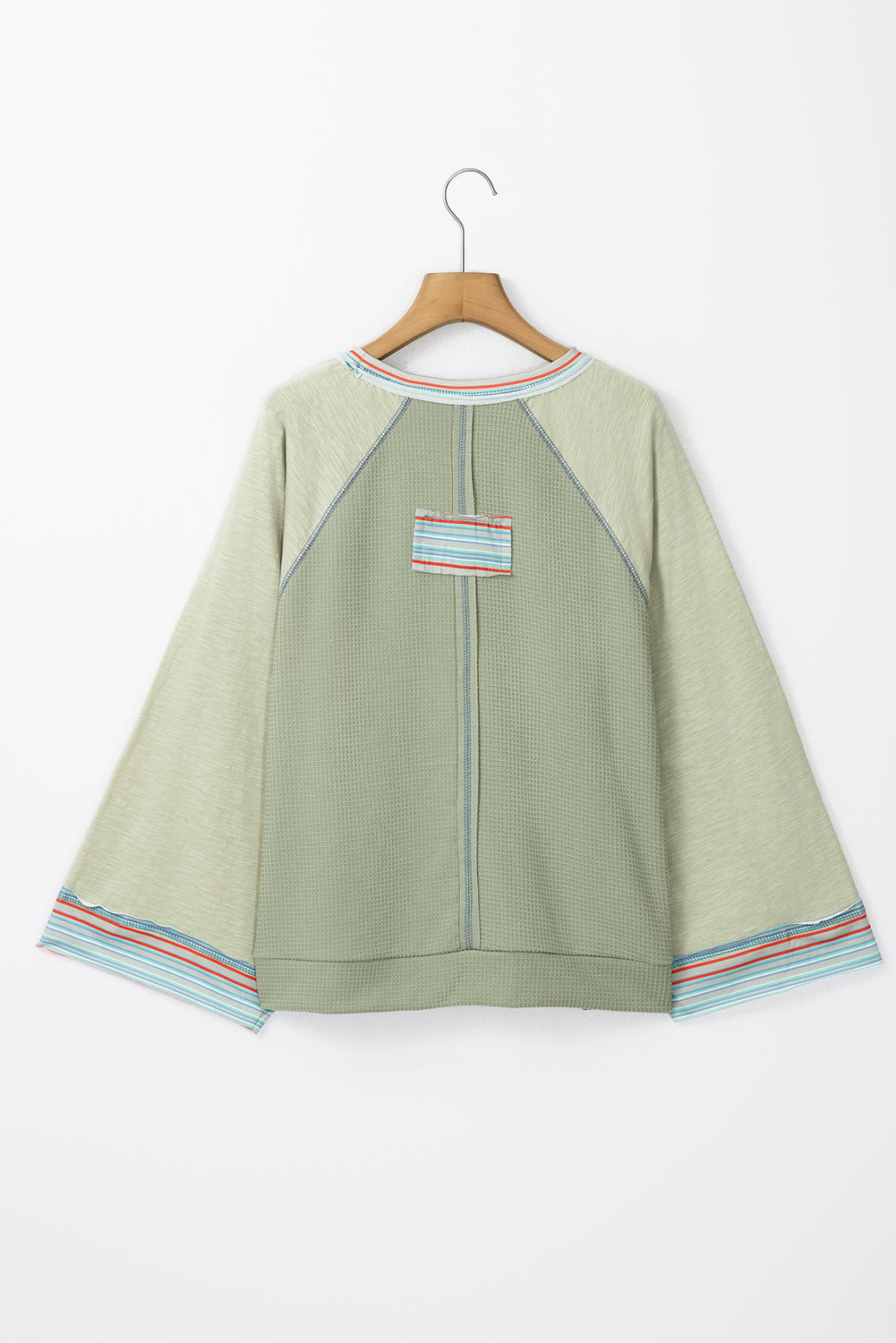 Meadow Mist Green Waffle Knit Wide Bracelet Sleeve Patchwork Raglan Top Long Sleeve Tops JT's Designer Fashion