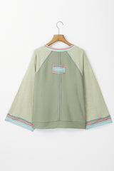 Meadow Mist Green Waffle Knit Wide Bracelet Sleeve Patchwork Raglan Top Long Sleeve Tops JT's Designer Fashion