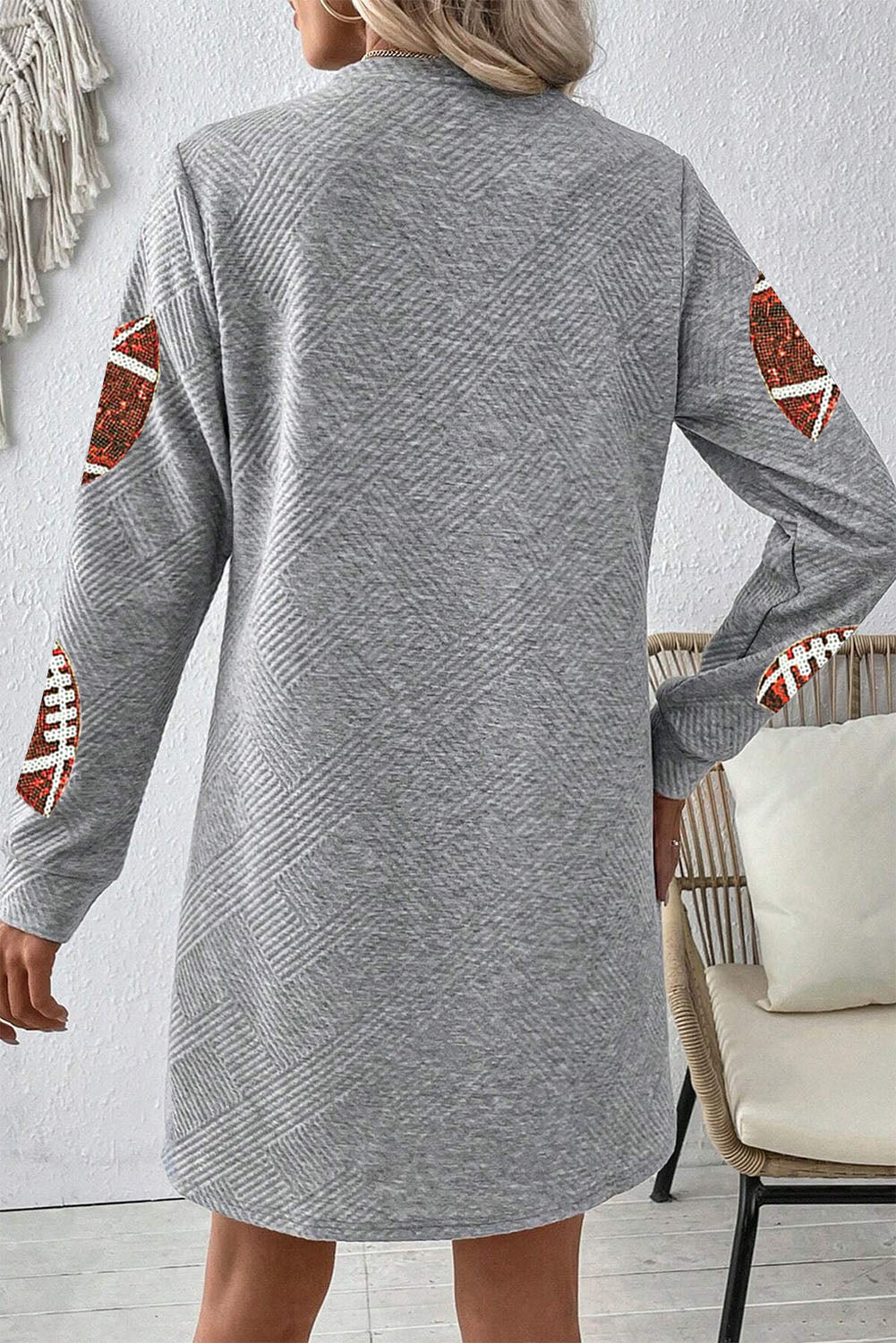 Gray Sequin Rugby Football Graphic Textured Long Sleeve Shift Mini Dress Graphic Dresses JT's Designer Fashion