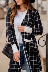 Black Plaid Colorblock Edge Open Cardigan with Pocket Black 95%Polyester+5%Elastane Cardigans JT's Designer Fashion