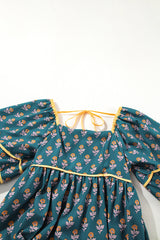 Skobeloff Floral Contrast Trim Square Neck Puff Sleeve Dress Floral Dresses JT's Designer Fashion