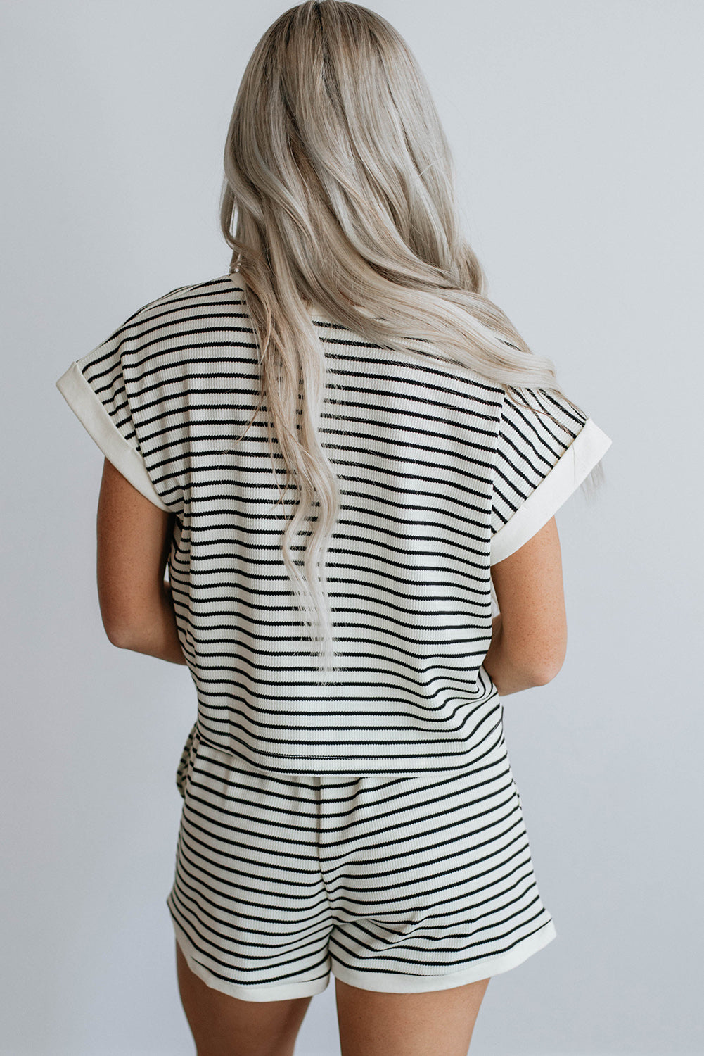 White Stripe Contrast Edge Tee and Shorts Set Short Sets JT's Designer Fashion