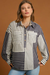 Black Stripe 2-tone Patchwork Half Buttons Chest Pockets Casual Blouse Blouses & Shirts JT's Designer Fashion