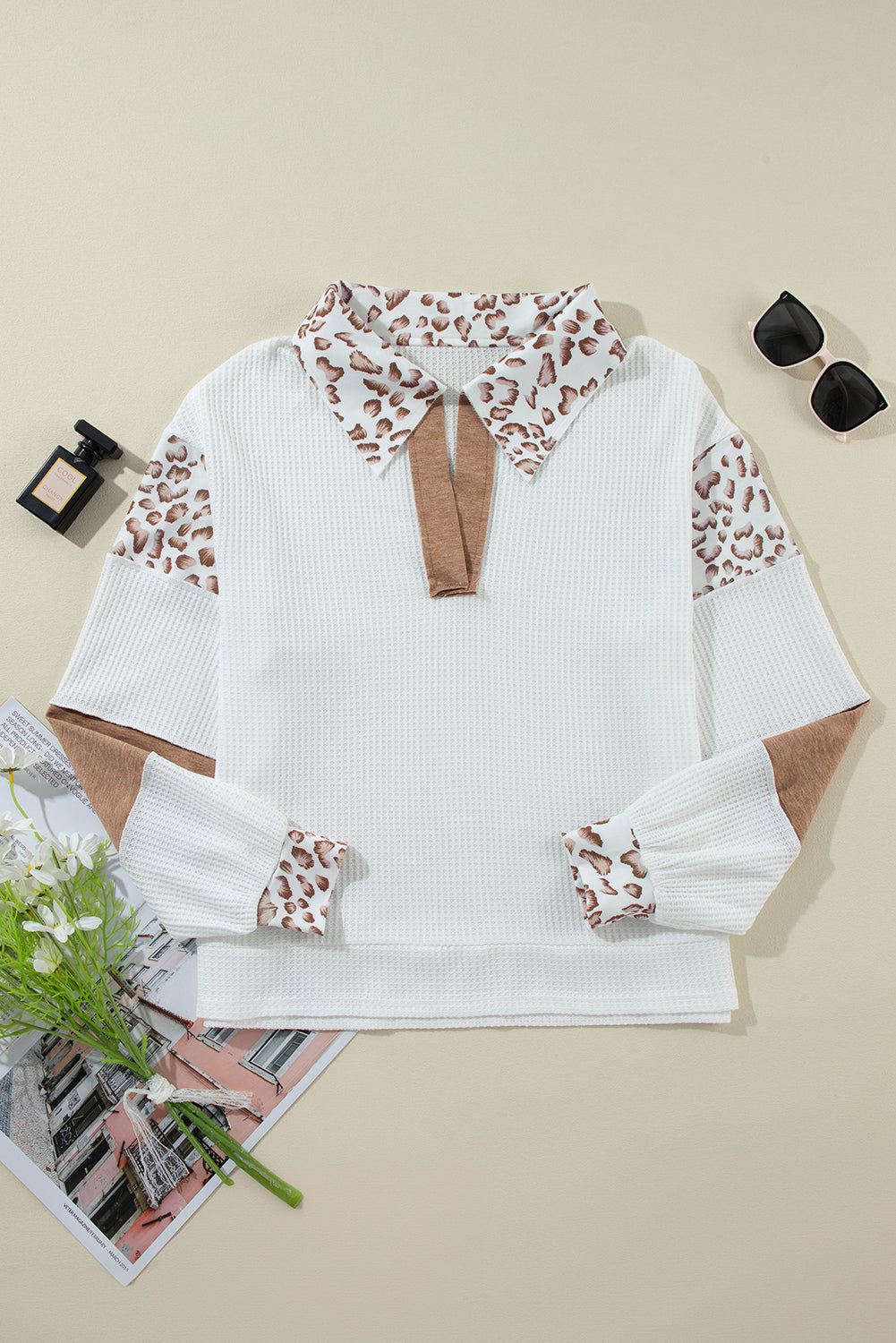 White Leopard Patchwork Turn-down Collar Waffle Top Long Sleeve Tops JT's Designer Fashion
