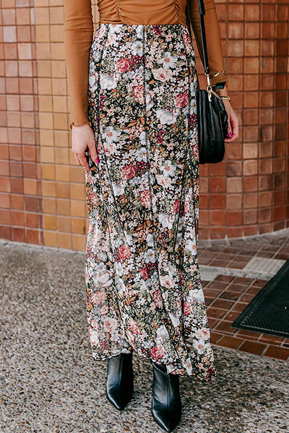 Brown Floral Print High Waist Maxi Skirt Brown 95%Polyester+5%Elastane Skirts & Petticoat JT's Designer Fashion