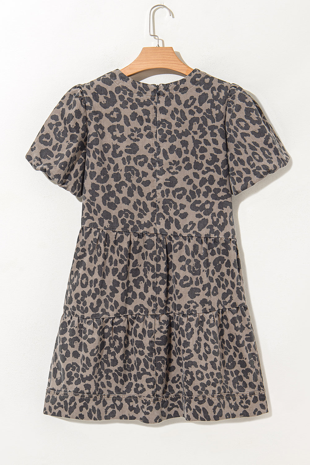 Brown Denim Leopard Printed Short Puff Sleeve Mini Dress Mini Dresses JT's Designer Fashion