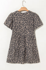 Brown Denim Leopard Printed Short Puff Sleeve Mini Dress Mini Dresses JT's Designer Fashion
