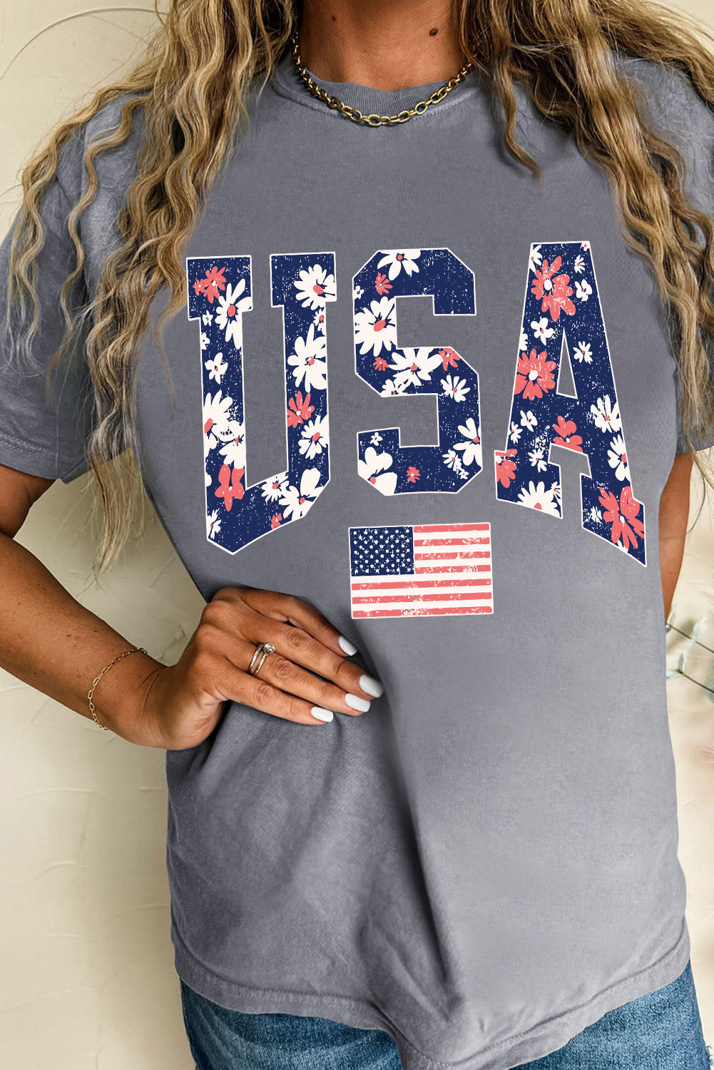 Gray Blooming USA Flag Print Casual T Shirt Graphic Tees JT's Designer Fashion