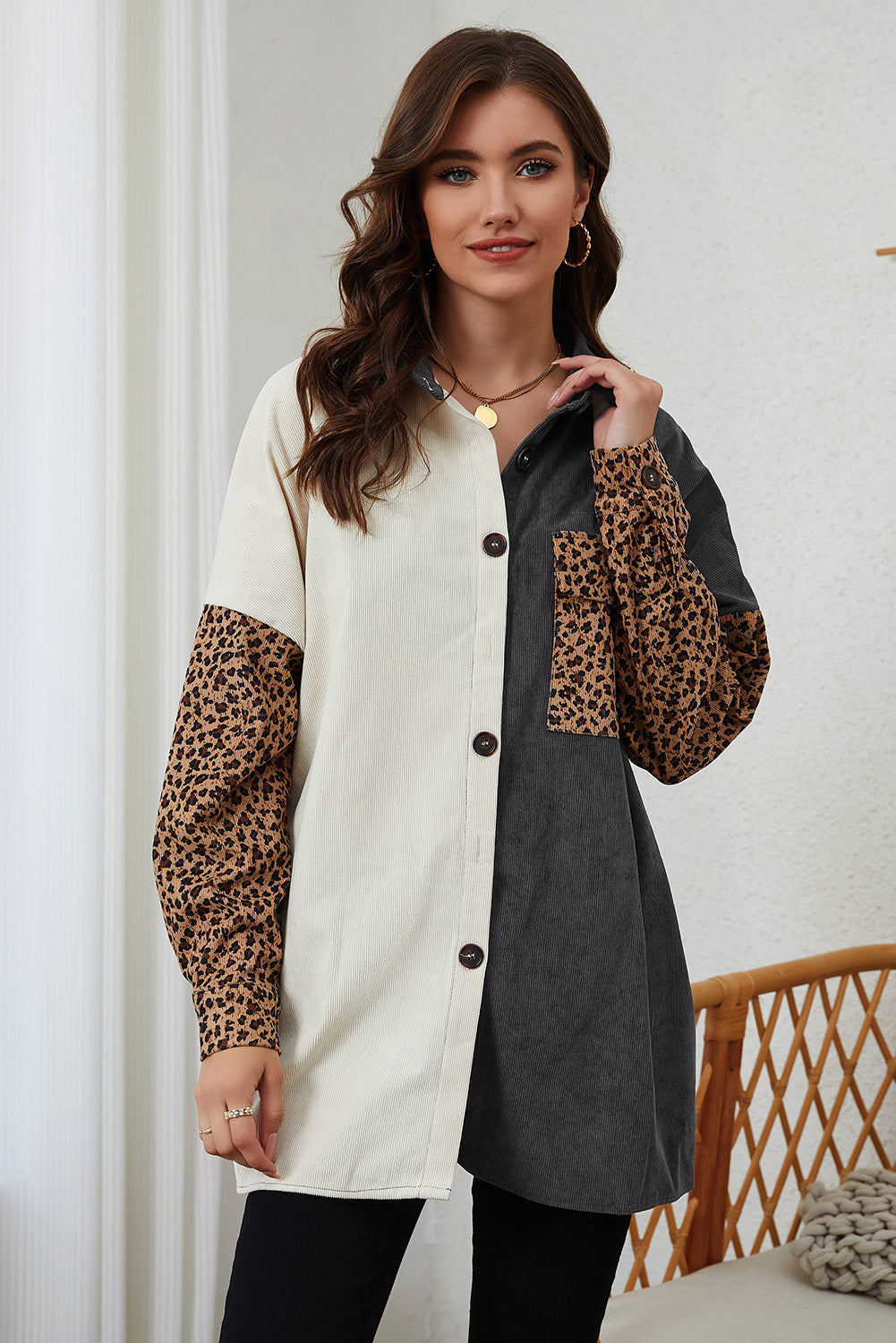 Gray Color Block Leopard Patched Corduroy Shacket Jackets JT's Designer Fashion