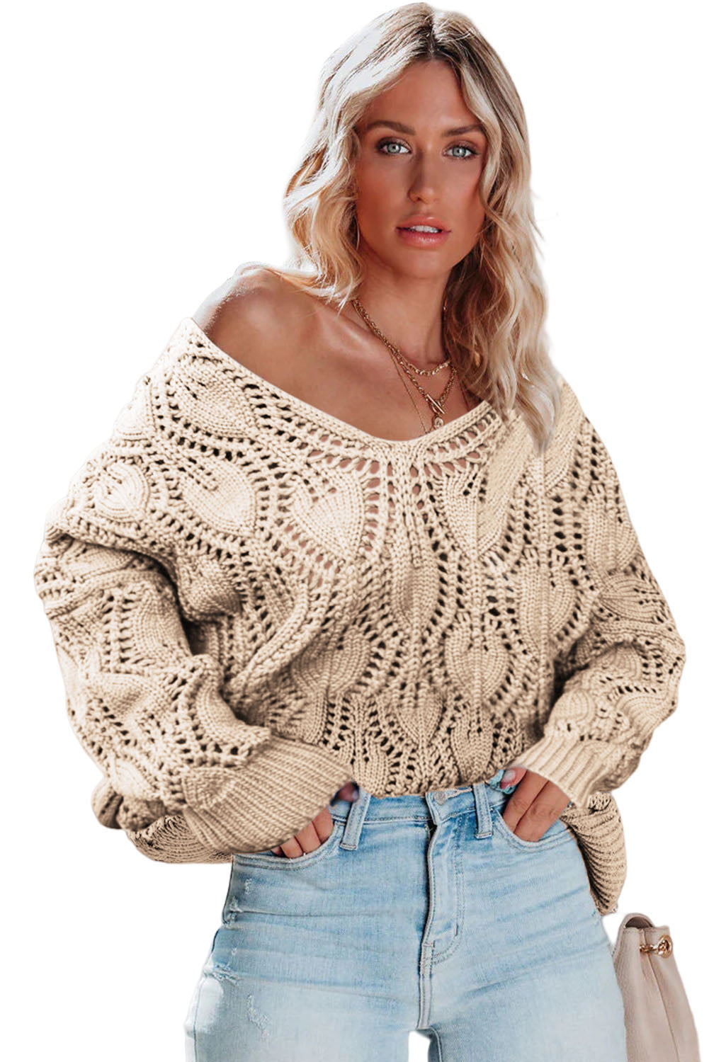Apricot Crochet Knit Ribbed Hem Hollow-out Sweater Sweaters JT's Designer Fashion