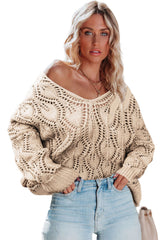 Apricot Crochet Knit Ribbed Hem Hollow-out Sweater Sweaters JT's Designer Fashion