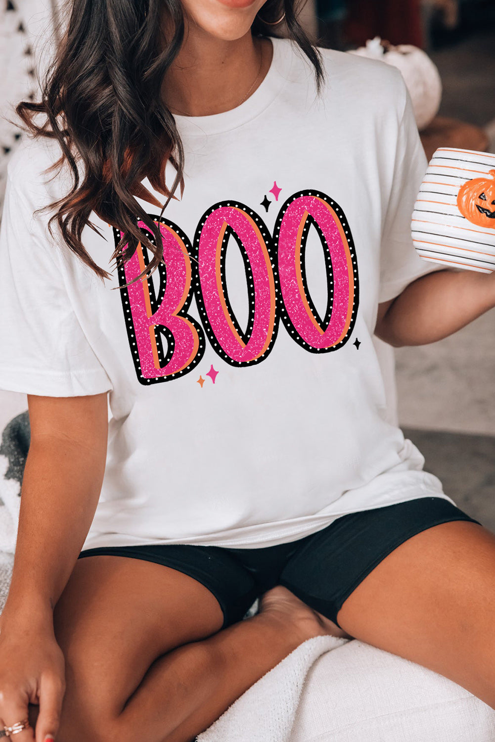 White BOO Crew Neck Graphic T Shirt Graphic Tees JT's Designer Fashion