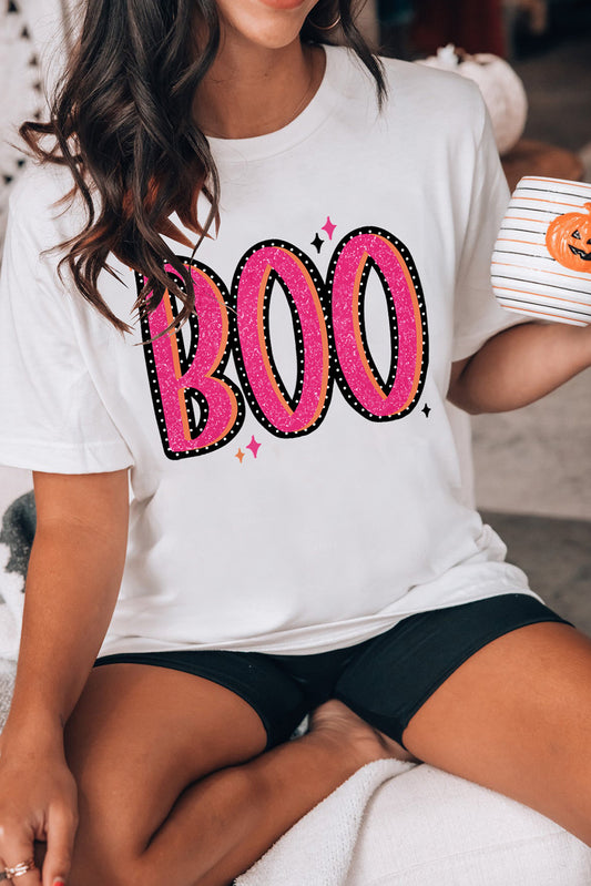 White BOO Crew Neck Graphic T Shirt Graphic Tees JT's Designer Fashion