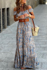 Blue Boho Paisley Print Off Shoulder Maxi Dress Blue 100%Viscose Floral Dresses JT's Designer Fashion