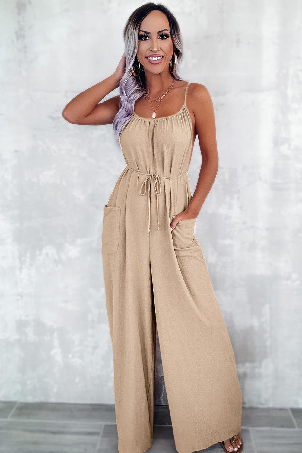 Apricot Spaghetti Straps Waist Tie Wide Leg Jumpsuit with Pockets Bottoms JT's Designer Fashion