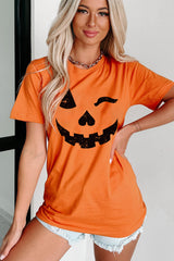 Orange Halloween Pumpkin Face Print Crew Neck T Shirt Graphic Tees JT's Designer Fashion