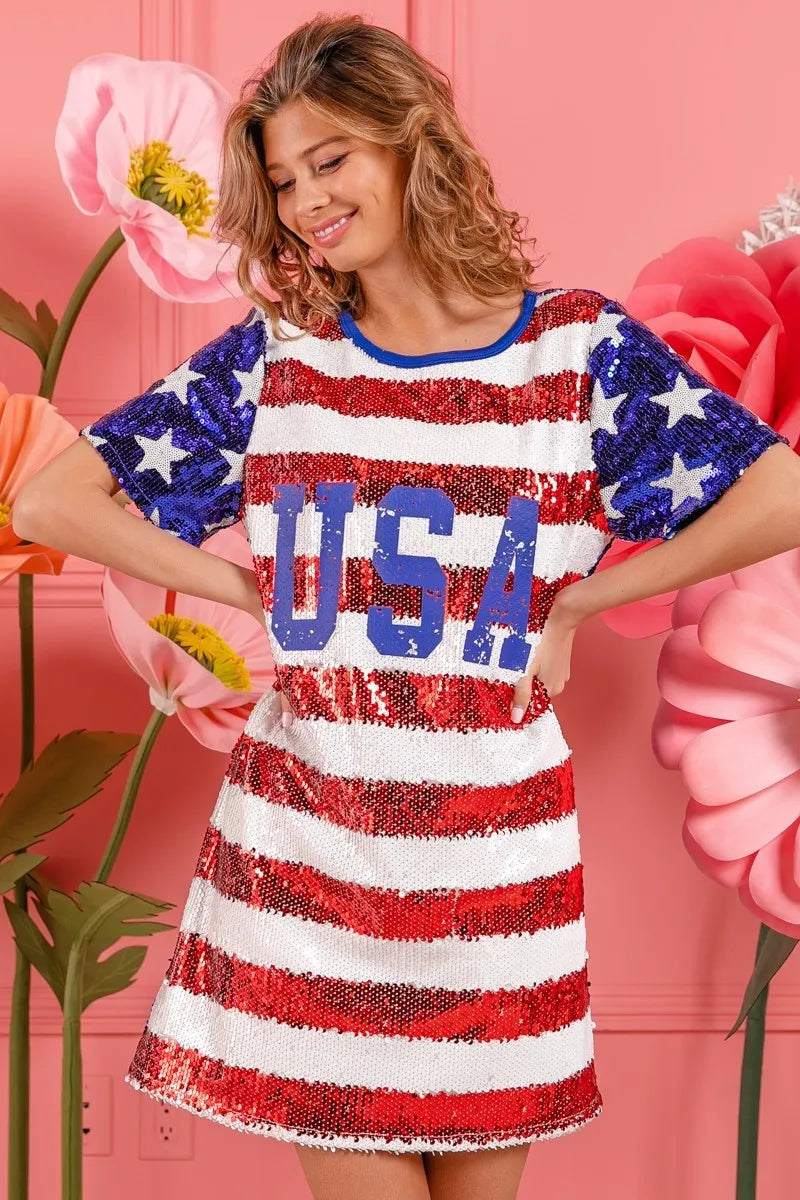 BiBi American Flag Theme Usa Print Sequin Dress Mini Dresses JT's Designer Fashion