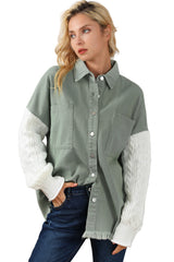Green Cable Knit Sleeve Raw Hem Shacket Jackets JT's Designer Fashion