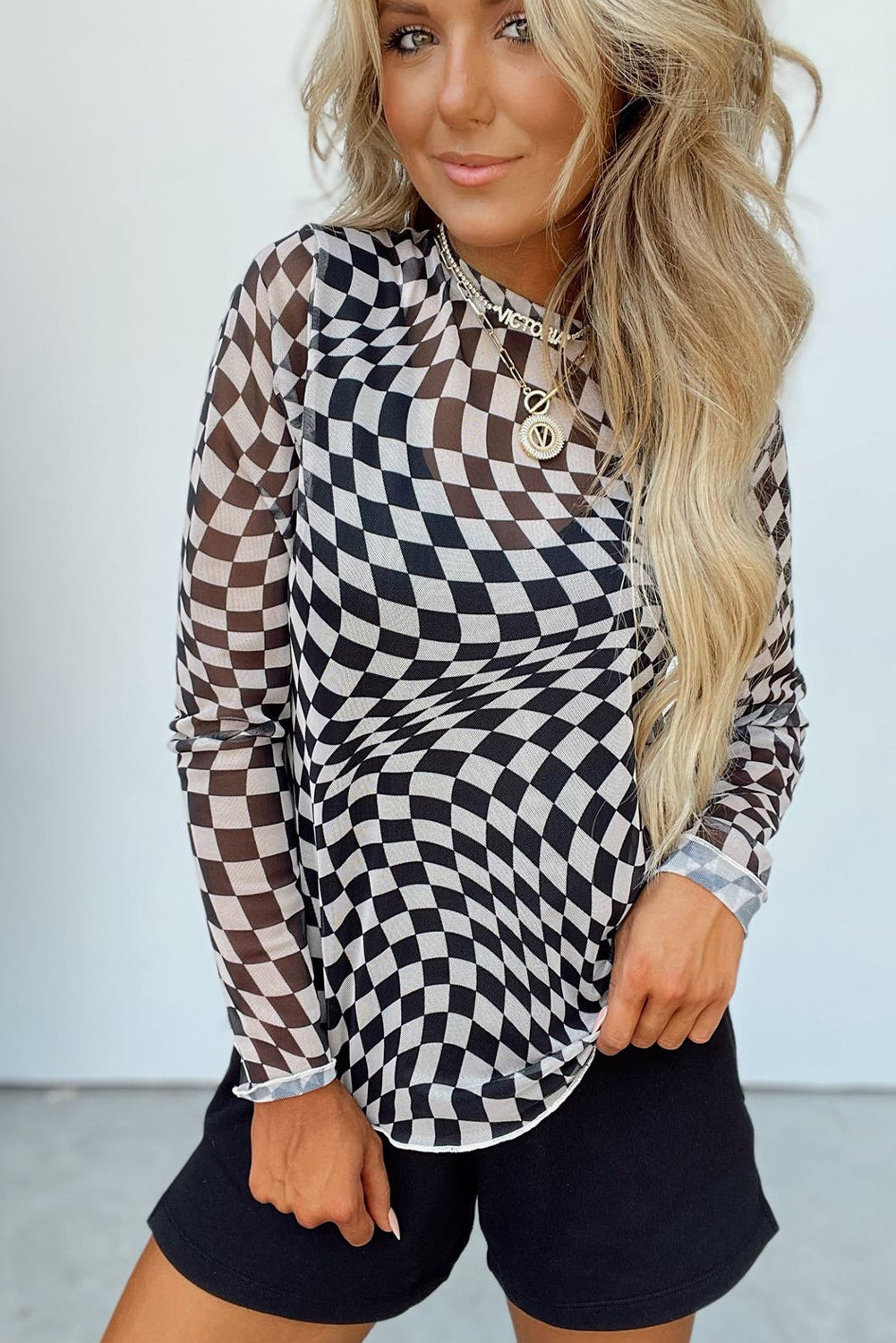Black Checkered Pattern Mesh Mock Neck Long Sleeve Top Long Sleeve Tops JT's Designer Fashion