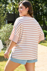 Pink Stripe Waffle Knit Pocketed Half Sleeve Plus Size T Shirt Plus Size Tops & Tees JT's Designer Fashion