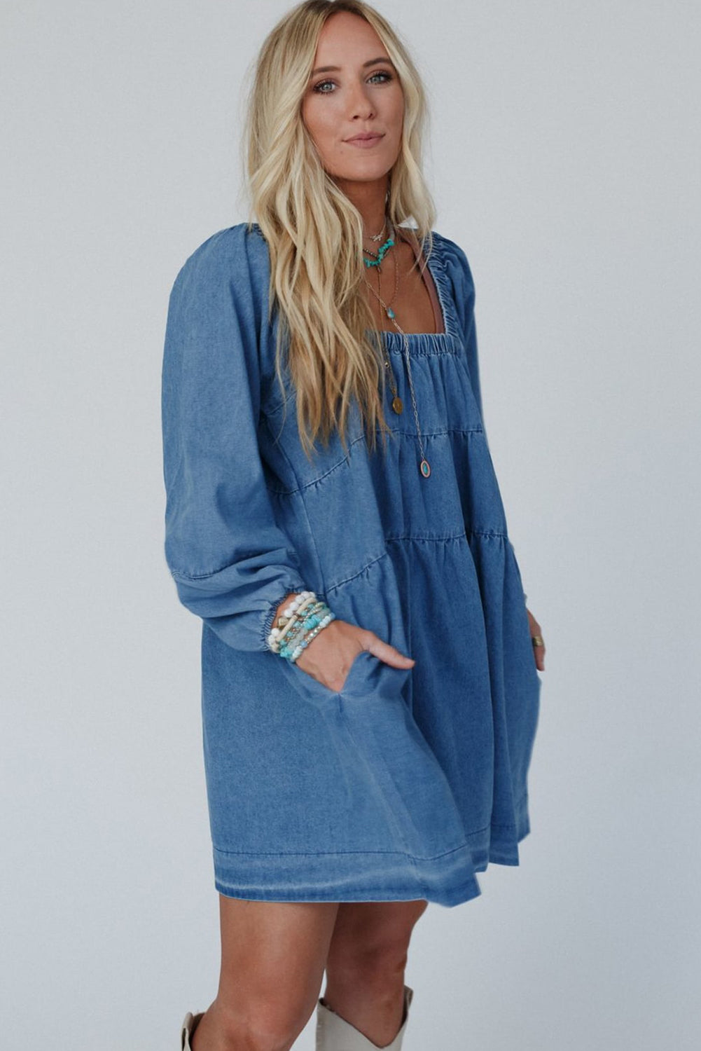 Dusk Blue Square Neck Side Pockets Loose Fit Denim Mini Dress Mini Dresses JT's Designer Fashion