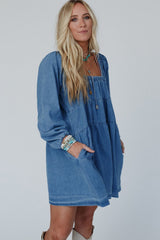 Dusk Blue Square Neck Side Pockets Loose Fit Denim Mini Dress Mini Dresses JT's Designer Fashion