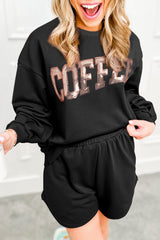 Black Sequined COFFEE Loose Fit Sweatshirt and Shorts Set Black 65%Polyester+35%Cotton Short Sets JT's Designer Fashion