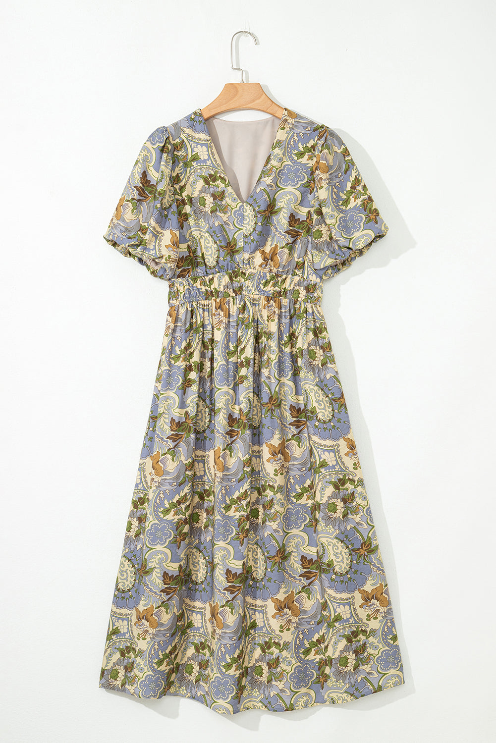Multicolour Vintage Floral V Neck Short Puff Sleeve Long Dress Dresses JT's Designer Fashion