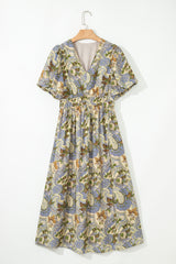 Multicolour Vintage Floral V Neck Short Puff Sleeve Long Dress Dresses JT's Designer Fashion