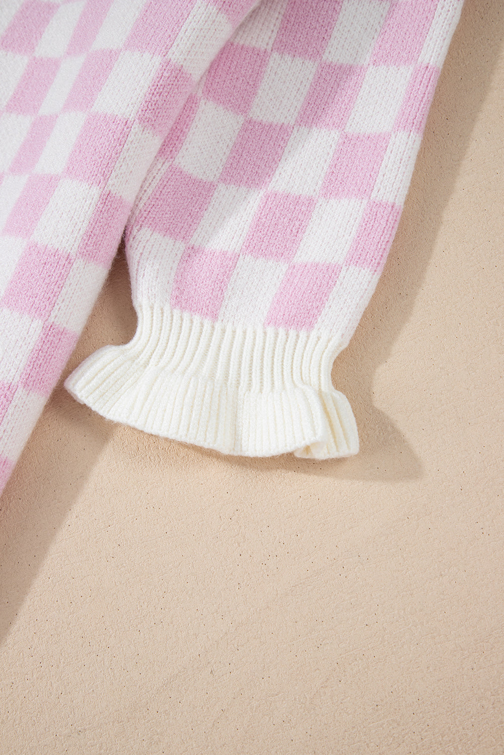 Light Pink Checkered Knitted Lace-up Ruffled 3/4 Sleeve Cardigan Cardigans JT's Designer Fashion