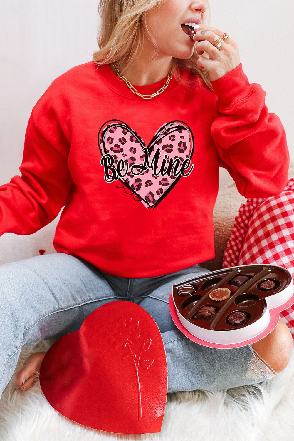 Red Be mine Leopard Heart Printed Valentines Sweatshirt Graphic Sweatshirts JT's Designer Fashion