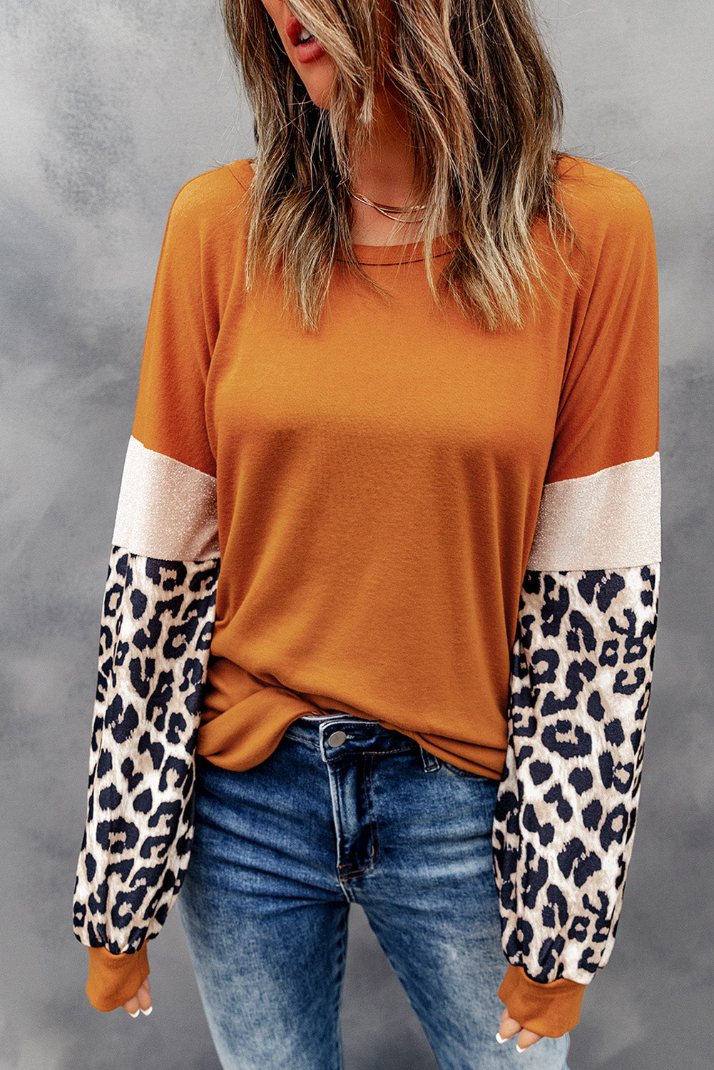 Brown Leopard Sequin Patchwork Long Sleeve Top Long Sleeve Tops JT's Designer Fashion