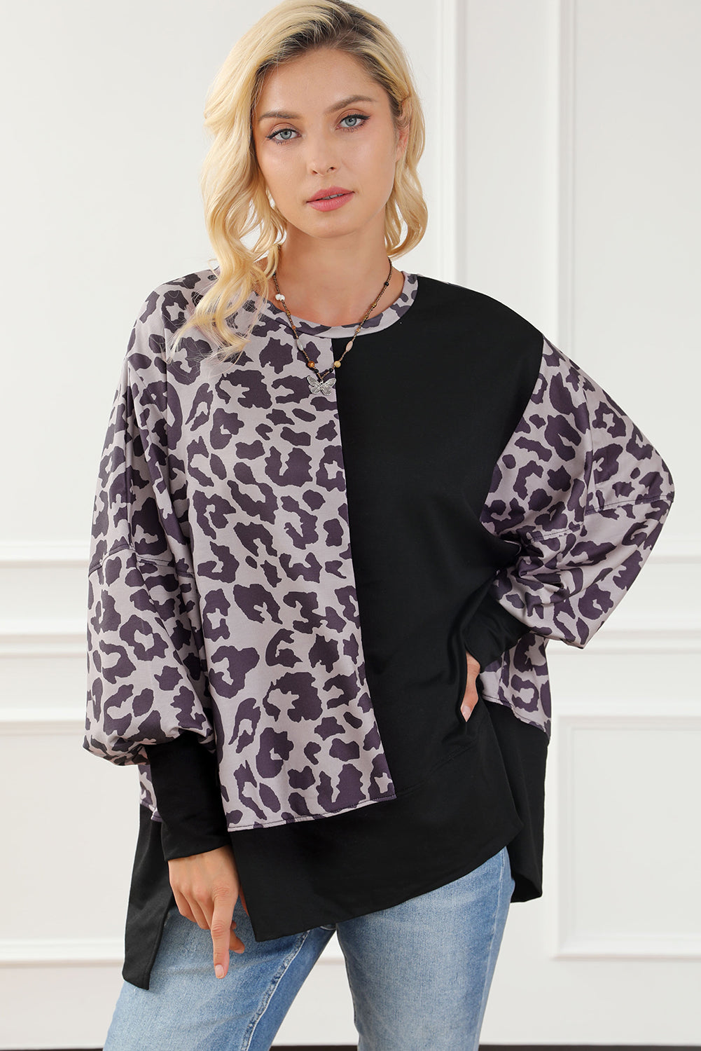 Black Leopard Patchwork Bishop Sleeve Slit Sweatshirt Sweatshirts & Hoodies JT's Designer Fashion
