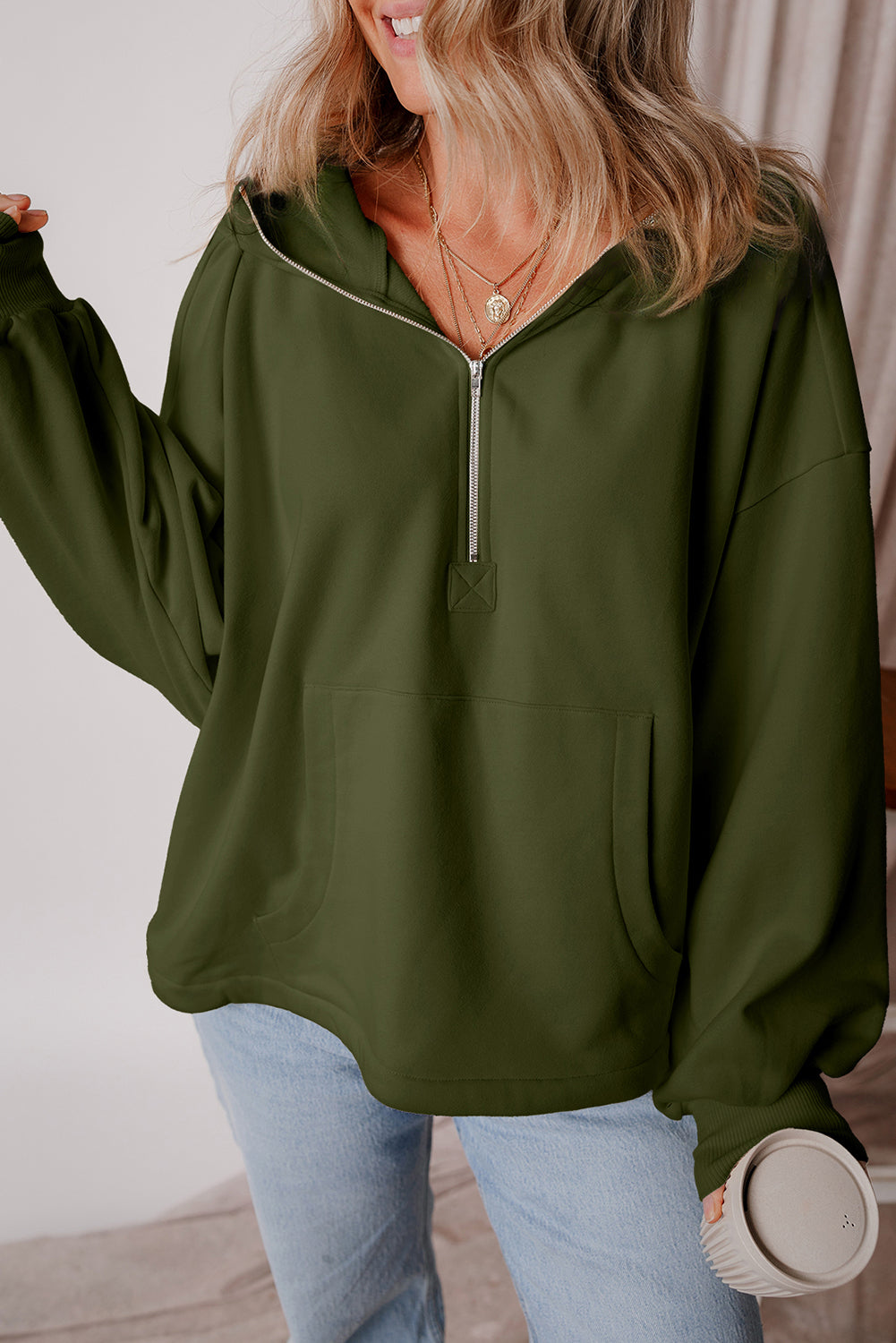 Moss Green Fleece Lined Half Zipper Kangaroo Pockets Loose Hoodie Sweatshirts & Hoodies JT's Designer Fashion