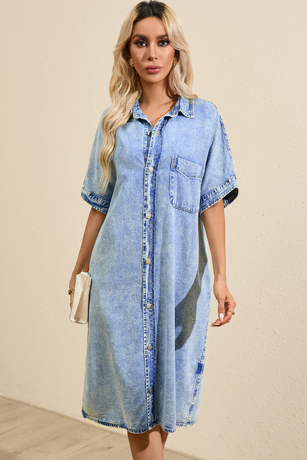 Light Blue Loose Medium Wash Short Sleeve Shirt Chambray Dress Dresses JT's Designer Fashion