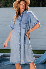 Light Blue Loose Medium Wash Short Sleeve Shirt Chambray Dress Dresses JT's Designer Fashion