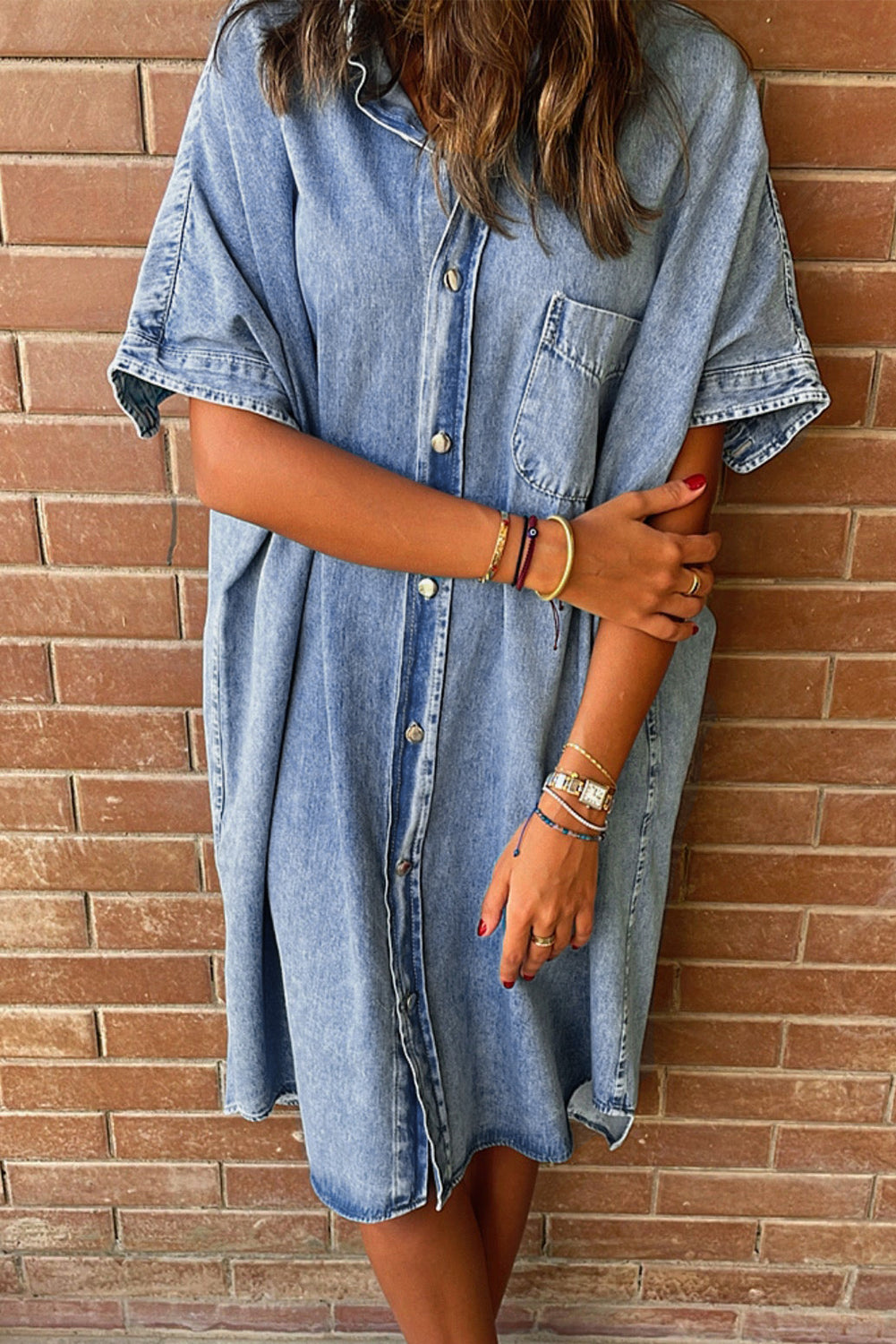 Light Blue Loose Medium Wash Short Sleeve Shirt Chambray Dress Dresses JT's Designer Fashion