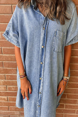 Light Blue Loose Medium Wash Short Sleeve Shirt Chambray Dress Dresses JT's Designer Fashion